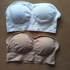 2 Strapless Bandeau Bras White Beige Cotton Spandex Wireless Stretch Pullover