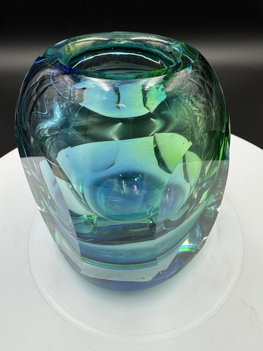 FLAVIO POLI SEGUSO Murano Sommerso Art Glass Cut Facet Cased Vase