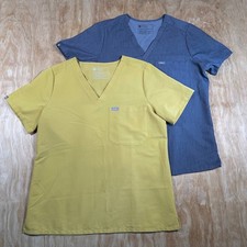 FIGS Technical Collection 2 Scrub Tops Bundle Large Yellow Blue V-Neck Pocket L