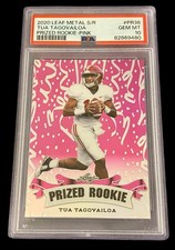 Tua Tagovailoa 6/10 Leaf Metal Prized Rookie Pink Card PSA 10 Gem Mint. rookie card picture