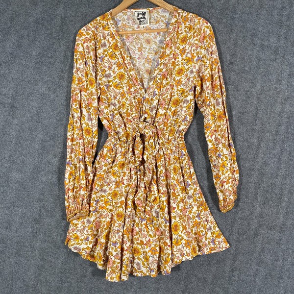Jaase Dress Womens XS Yellow White Mini A Line Flowers Boho Peasant Gathered Z23
