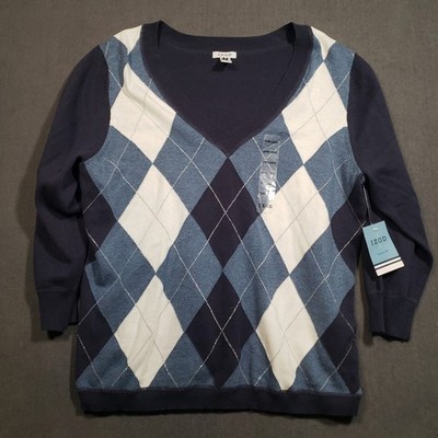 IZOD Sweater Womens XL Blue Argyle V-Neck 3/4 Sleeve IF63708J
