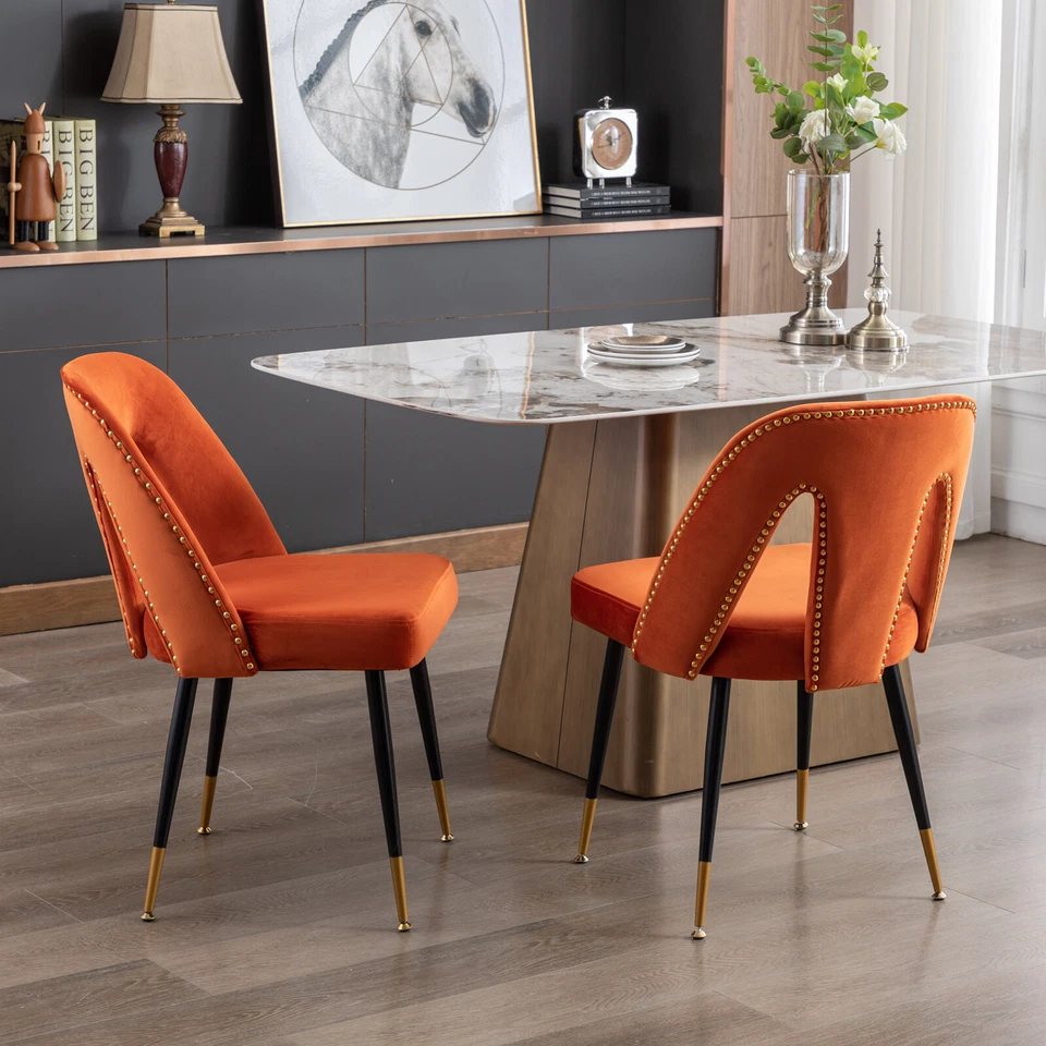 Juego de 2 sillas de comedor de terciopelo silla de comedor de cocina con cabezales de clavo asiento naranja Foto 2 de 4