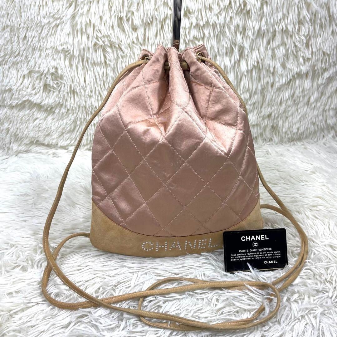 Chanel Backpack Drawstring Backpack Satin Pearl Suede Pink 