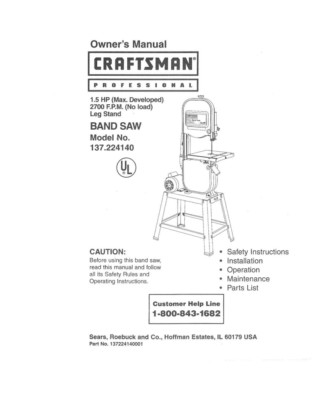 #ad Craftsman 137.224140 Band Saw Owners Instruction Manual $20.24