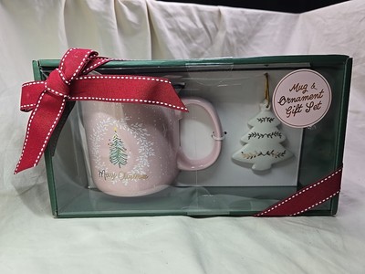 Eccolo Coffee Mug and Ornament Gift Set Pink Mug Christmas Tree White Ceramic 