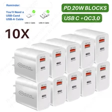 10X Lot 20W Dual Port QC+PD USB C Power Adapter Wall Charger Fast Plug Brick Lot