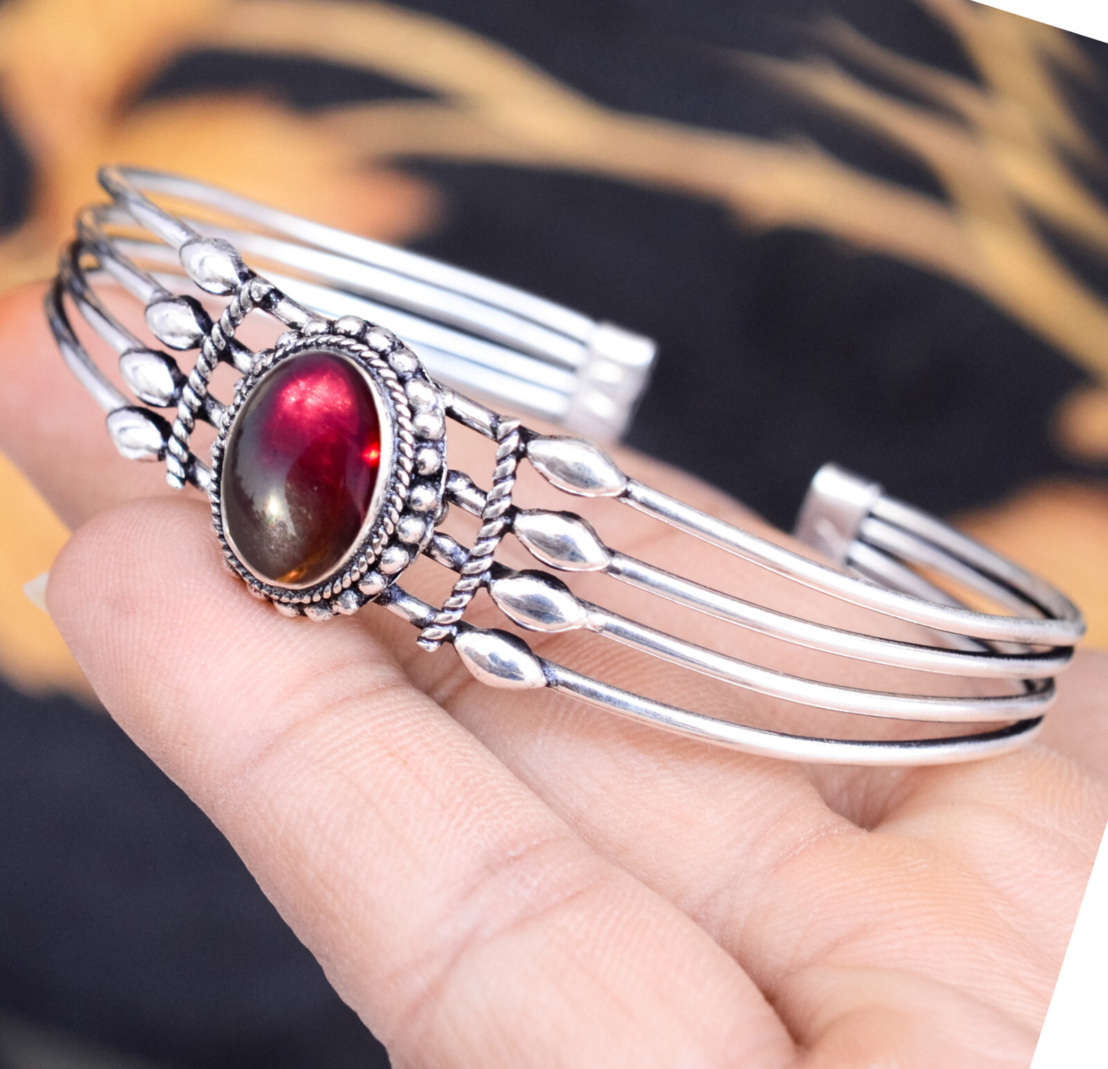 Garnet Big Gemstone 925 Sterling Silver Cuff Bangle Unisex Jewelry Brother Gift