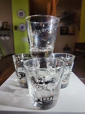 4 LIBBEY MCM OLD FASHIONED ANTIQUE CARS BLACK GOLD TRIM WHISKEY ROCKS GLASSES