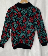 Vintage spunky Knit sweater Multicolored Floral Print Red USA Size Large