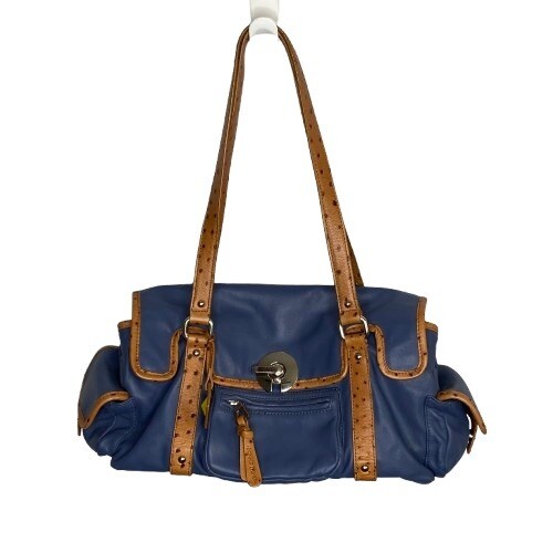 Donald J Pliner Womens Canea Blue Tan Ostrich Trim Nappa Leather Satchel Bag  