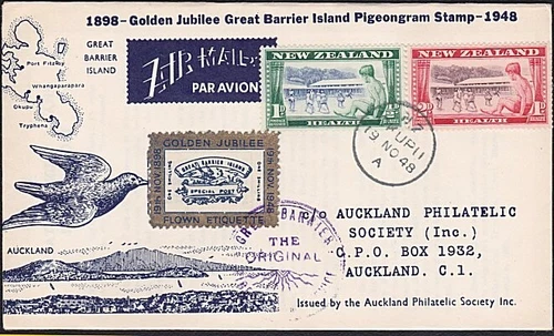 NEW ZEALAND 1948 Gt Barrier Pigeongram commem cover........................B6600
