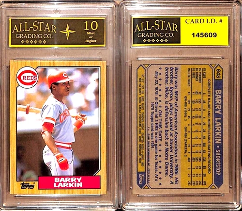 BARRY LARKIN  1987 Topps ROOKIE Card #648  HOF RC GRADED ASG 10 MINT #AV