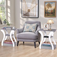 2X Side Table with Charging Station 3-Tier End Table Nightstand forStorage Gray
