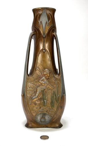Vase fée Art Nouveau par Jean Garnier, nymphes françaises ancien Jugendstil signé - Photo 6 sur 7