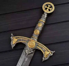 THE KNIGHTS TEMPLAR | Crusader Sword Custom Handmade Damascus Steel With Leather