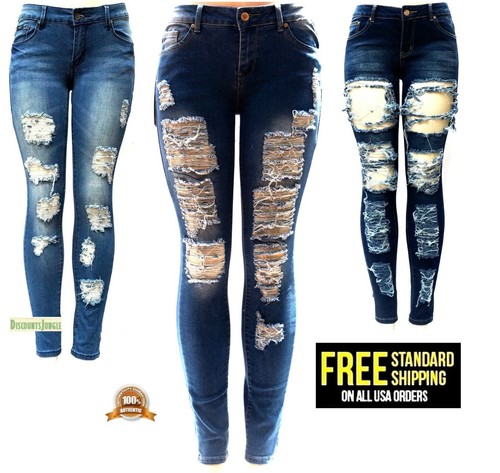 VINS ME premium Stretch Blue Skinny Denim Distressed Jeans Destroy Ripped  Pants | eBay
