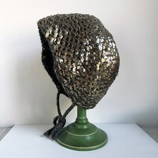 Antique 1920s 20s Flapper Knit Wool Sequin Cloche Cap Hat Grey Gold