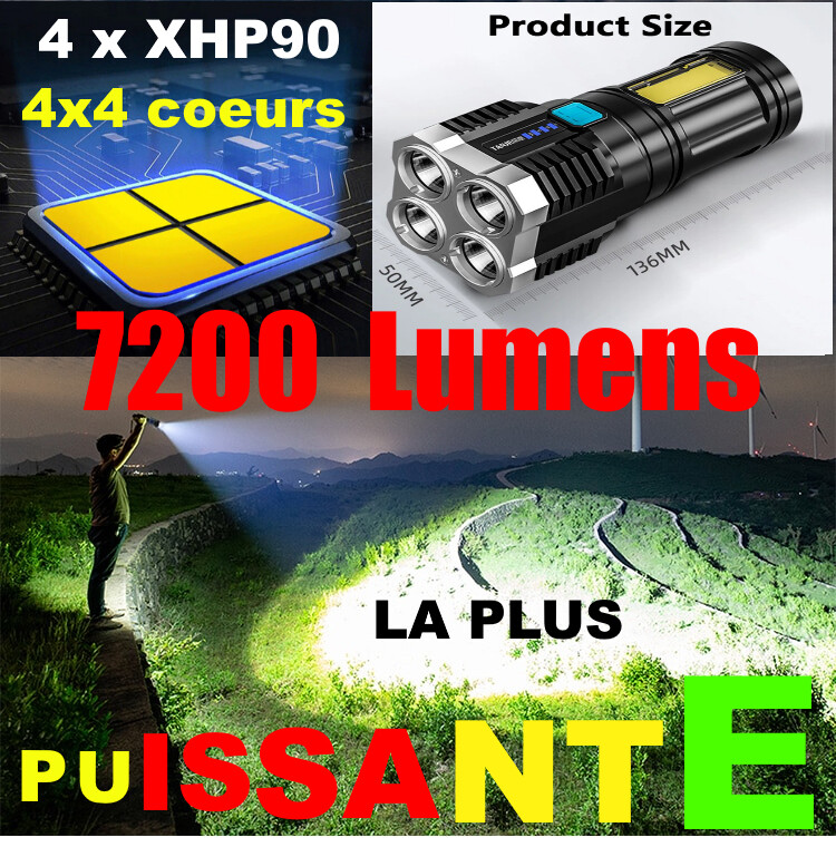 Lampe de poche tactique Led la plus puissante à 4 c¿urs, torche