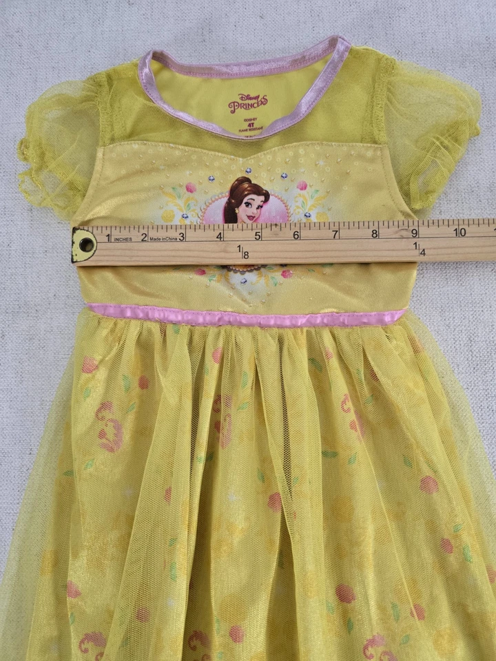 Vestido Princesa Disney Niñas Talla 4T Amarillo Manga Corta Volantes Resistente al Llama Foto 3 de 4