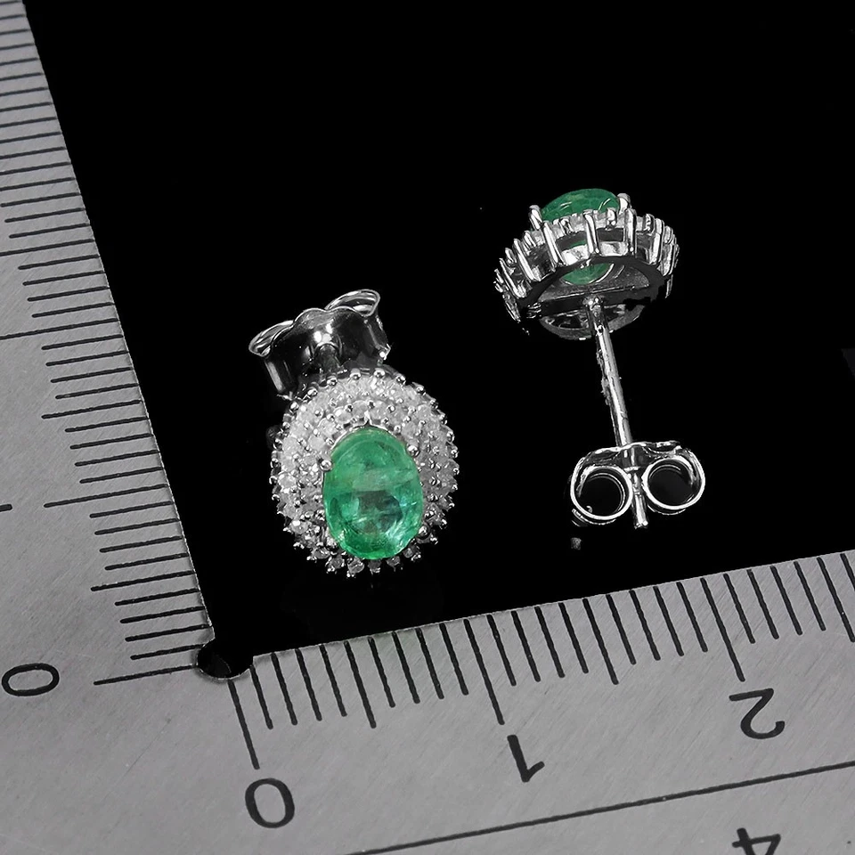 925 Sterling Silver Earrings Oval Emerald 6x4mm Diamond 108pcs Gemstone Jewelry - Image 3 of 4