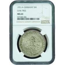 1931-A Germany 5 Mark Oak Tree MS63 NGC, Choice Original Coin