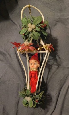 Vtg 9'' MCM Christmas Elf Pixie Knee Hugger In Cage Ornament Mistletoe Poinsettia