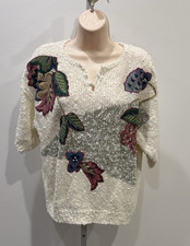 Vintage Exclusive Imports Floral Embroidered Knit Sweater Womens L Short Sleeve