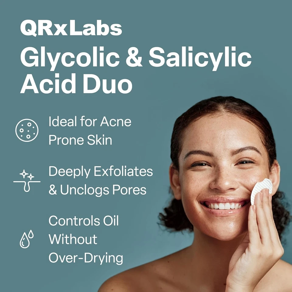 Almohadillas de control de acné QRxLabs ácido glicólico + salicílico con 10% ultra puro... Foto 2 de 4