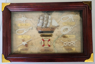 FRAMED NAUTICAL ART SAILING SHIP MAYFLOWER & SAILOR KNOTS 13.5'' SHADOW BOX BRASS