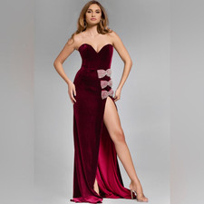 NWT Jovani Velvet  $940 Gown With Rhinestone Bow Accents 42665