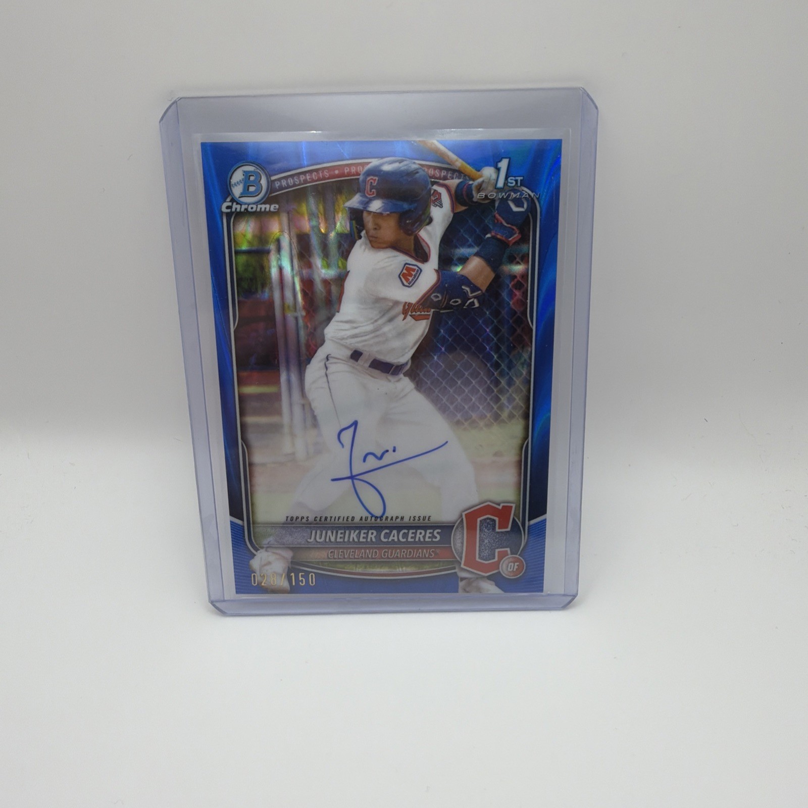 2025 Bowman Chrome 1st Bowman Juneiker Caceres Blue RayWave Auto 028/150