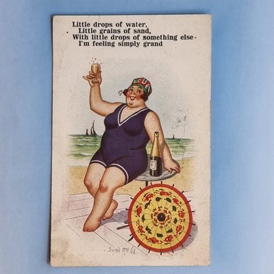 Comic Postkarte um 1920 Donald McGill Fat Lady Beach Belle Champagner Sonnenschirm Grand