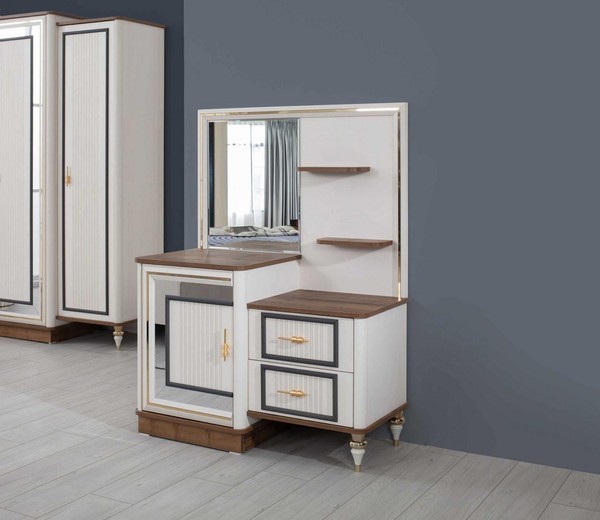 Schminktisch Garnitur Mit Spiegel Holz Schlafzimmer Beige Konsole Set-image