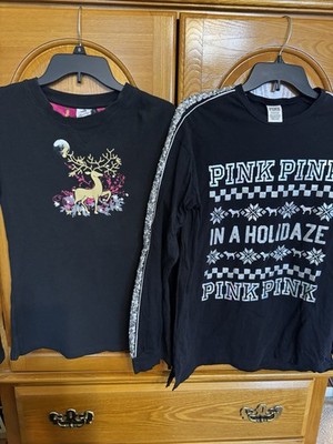 Set of 2 Christmas Tops-Legendary White Tails & VS PINK Size Small W/Bling. EUC