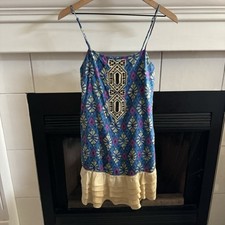 Free People Blue Diamond Printed Embroidered Sleeveless Dress Size 4