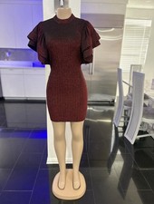 Glitter Burgundy High Neck Ruffle Sleeve Bodycon Mini Dress M Clubwear Baddie