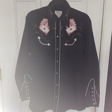 Vintage H Bar C Mens Royal Flush Embroidered Black Pearl Snap Western Shirt sz25