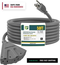 50 Ft Outdoor Extension Cord,16/3 SJTW, 3 Electrical Power Outlets,Grey