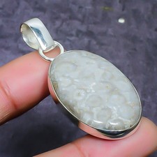 Fossil Coral Gemstone Handmade 925 Sterling Silver Jewelry Pendant 1.77"
