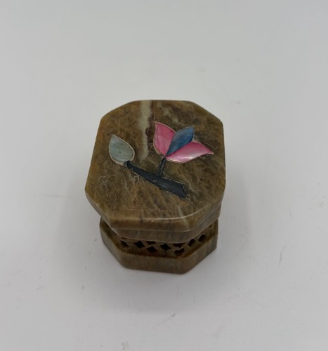 Vintage Flower Pearl Inlay Angled Carved Soapstone Trinket Pill Box 2" India