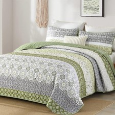 Boho Quilt Set Queen Size,Olive Green Bohemian Striped Patchwork Bedspread Co...