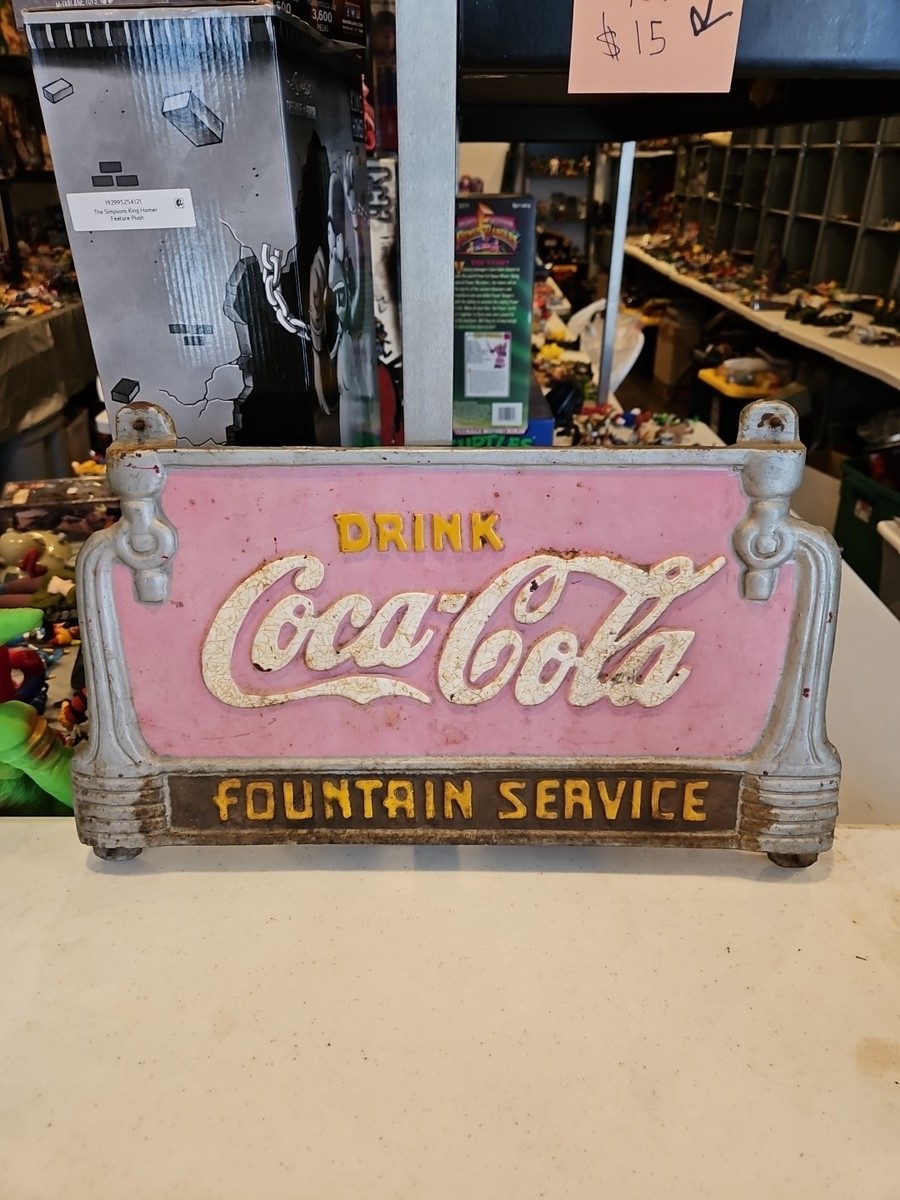 RARE 1930s Coca-Cola Fountain Service Cast Iron Bench Sign VTG