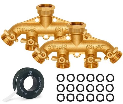 Morvat Heavy Duty Hexagonal Brass 4 Way Garden Hose Y Splitter, 2 Pack