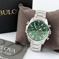 Bulova Marine Star Men Green Dial Silver Steel Chronograph 96B396 Watch 43mm