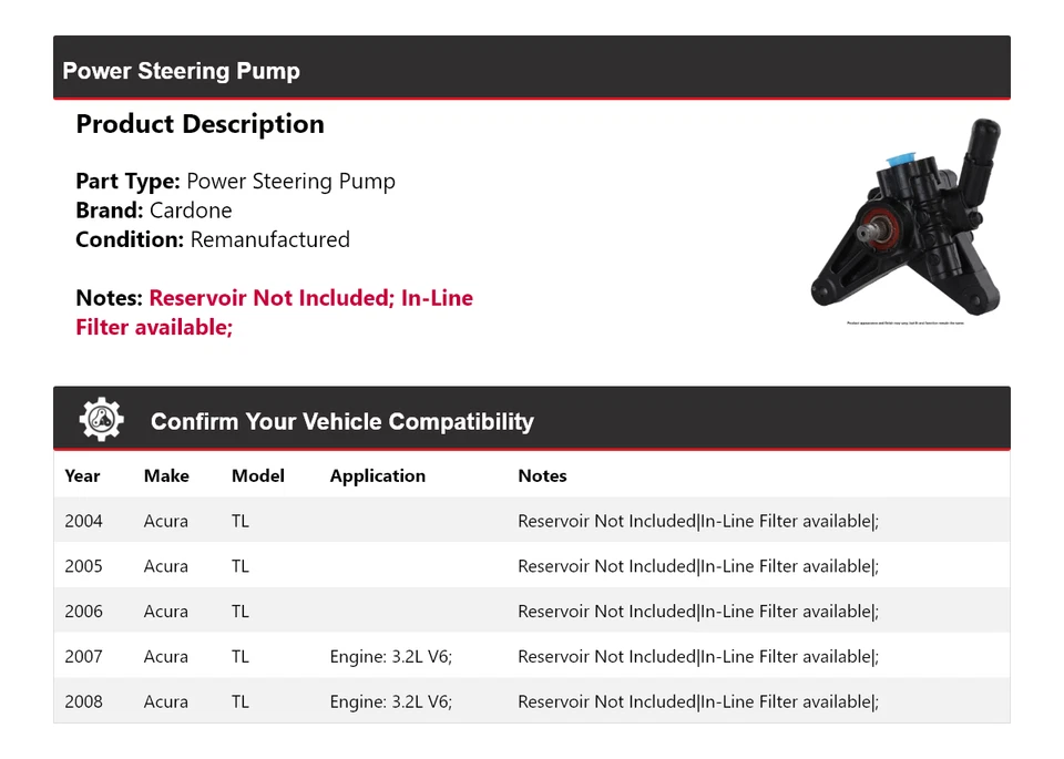 For 2004-2008 Acura TL Power Steering Pump Cardone 2005 2006 2007 - Image 2 of 4