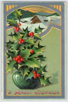 1912 A MERRY CHRISTMAS HOLLY BARN EMBOSSED GLOSSY ANTIQUE POSTCARD