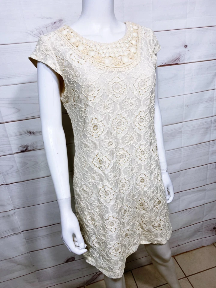 Vestido Studio I Mujer Talla 8 Beige Floral Encaje Bordado Forrado Cremallera Trasera Foto 2 de 4