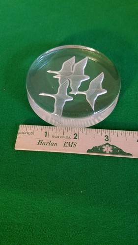 Clear Glass Round Disk Form Paperweight w/ Flying Geese Etching Ridged Edge - Picture 4 of 5