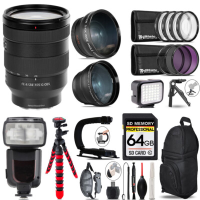 Sony FE 24-105mm f/4 G OSS Lens+ LED Light + Tripod-64GB Accessory Bundle